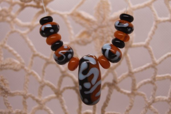 Black and Apricot Half-n-half with Sky Blue on a 20" chain and matching earrings - Image 2
