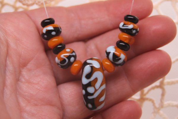 Black and Apricot Half-n-half with Sky Blue on a 20" chain and matching earrings - Image 3