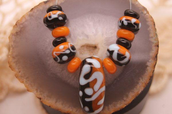 Black and Apricot Half-n-half with Sky Blue on a 20" chain and matching earrings - Image 5