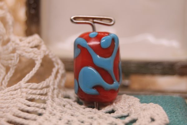 A Focal Bead: Reddish Orange with Light Turquoise on a 26" cord - Image 2