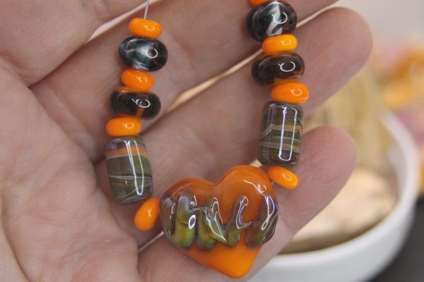 Apricot Heart with Matching Rondelles and Barrels on an 18" chain with matching earrings