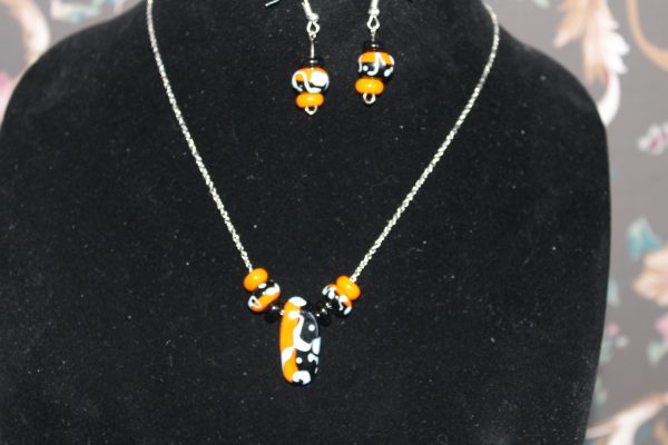 Black and Apricot Half-n-half with Sky Blue on a 20" chain and matching earrings - Image 6